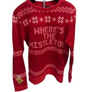 Mad Engine sz Med Red snowflake Print Where's the Mistletoe Christmas Sweater